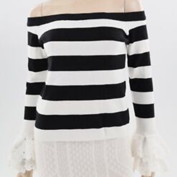NWT Flutter Sleeve L English Factory Off Shoulder Striped Sweater Boston Proper - Picture 4 of 8